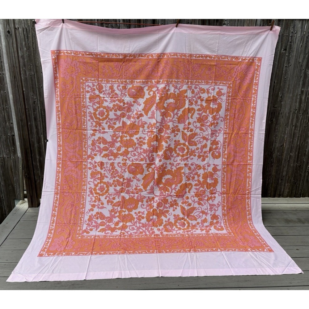 Vintage full flat sheet pink orange paisley Stevens Utica 100% cotton 1970's